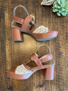Aerosoles | Chamber Platform Block Heel Sandals | Tan Leather & Crochet, Sz. 9.5